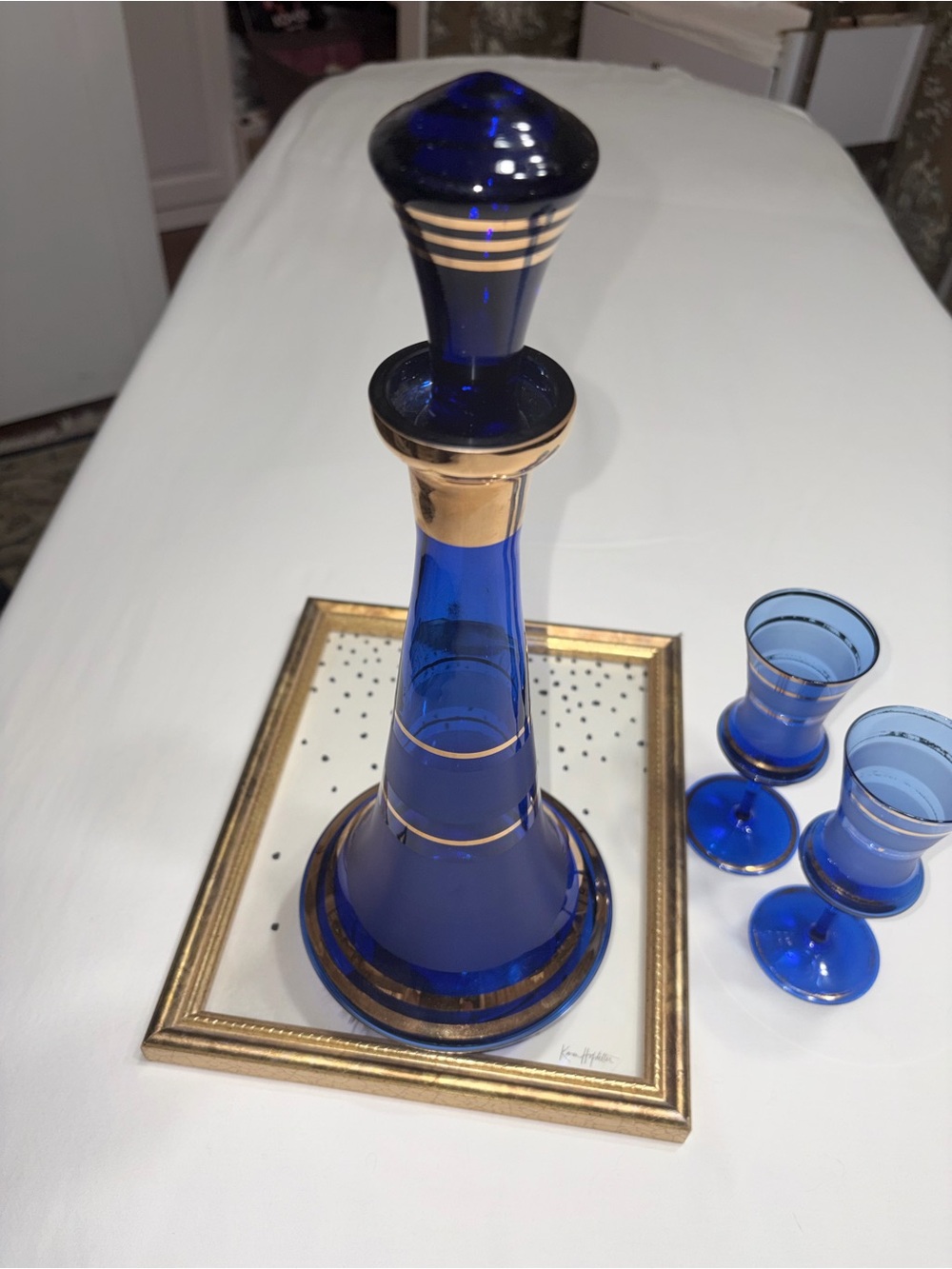 Cobalt Blue Glass Decanter with Gold Trim